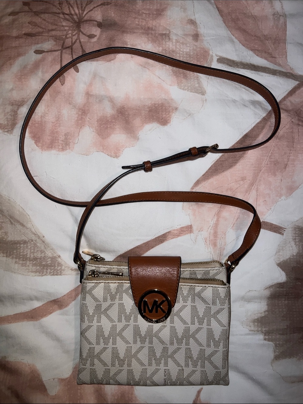 Michael Kors Beige & Brown MK Logo Crossbody Bag